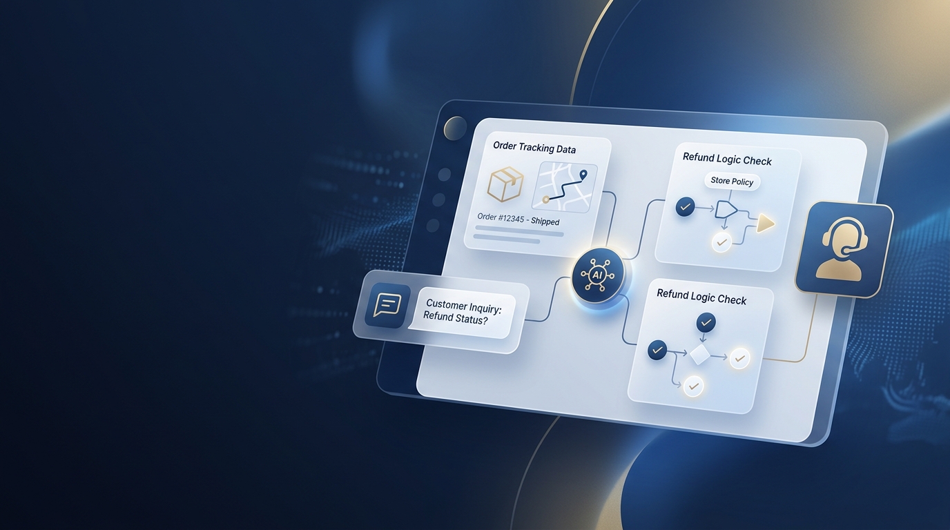 Workflow showing how AI agents handle e-commerce customer support using order data, policy checks, validation, and escalation