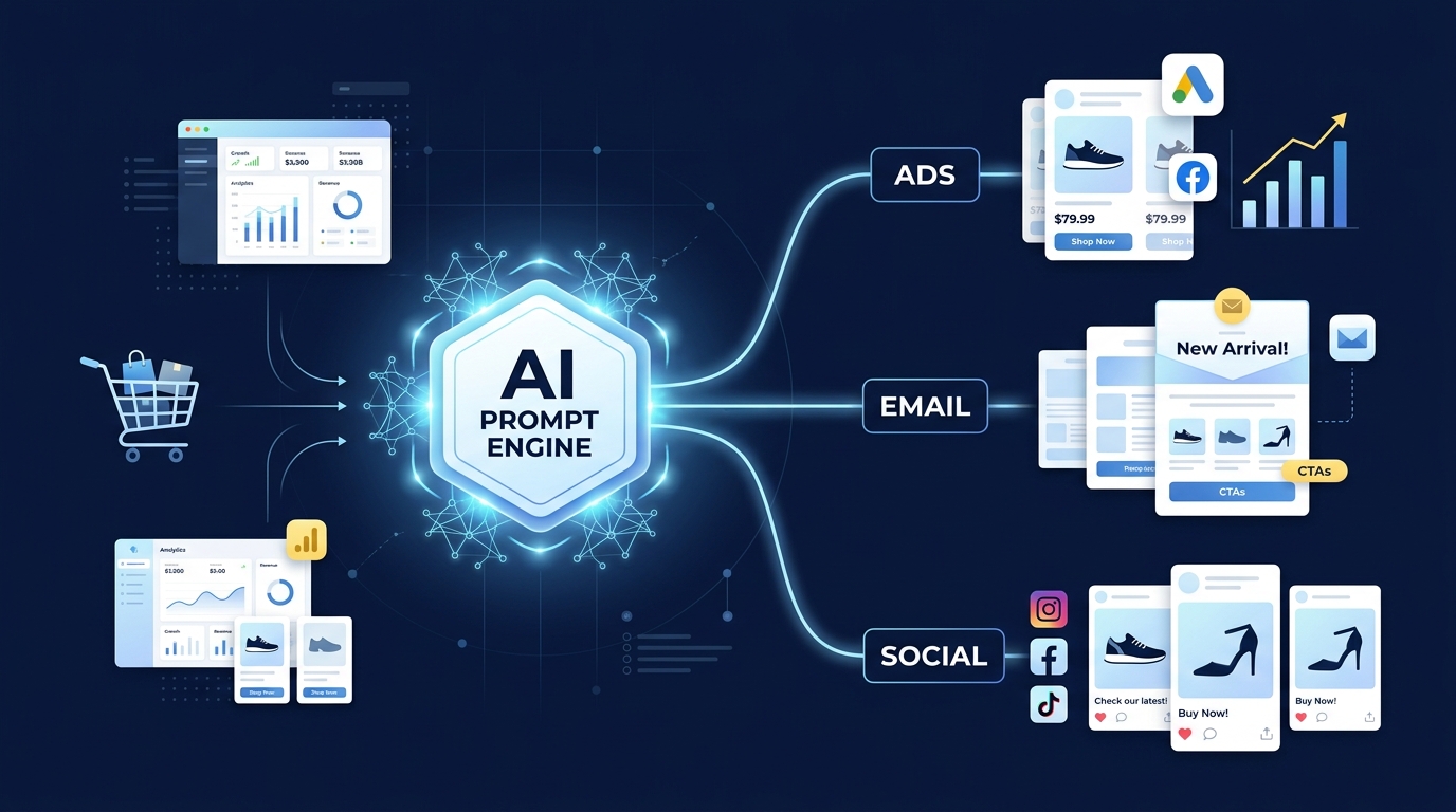 AI prompt engine connecting ads, email campaigns, and social media captions for e-commerce marketing