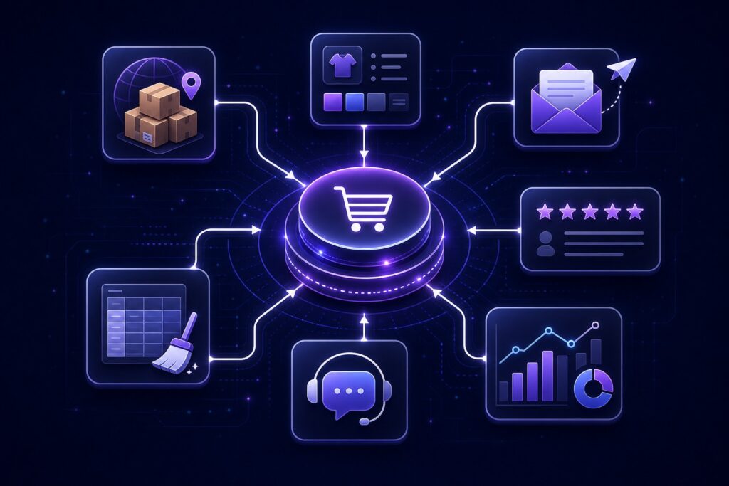 AI workflows for e-commerce showing product copy, marketing, support, reviews, and reporting moving through a structured workflow system