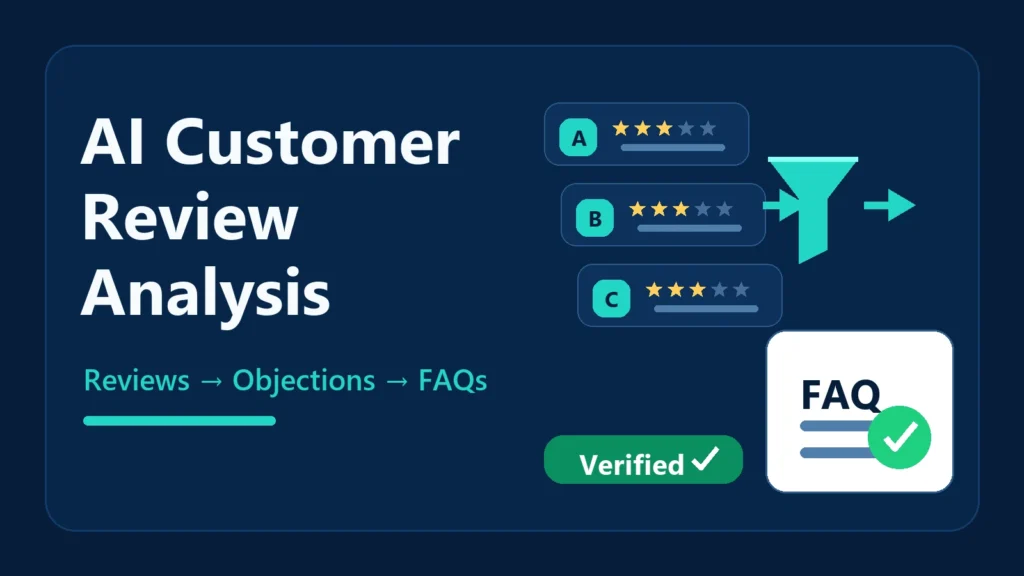 AI customer review analysis turning verified buyer objections into accurate product FAQ insights.