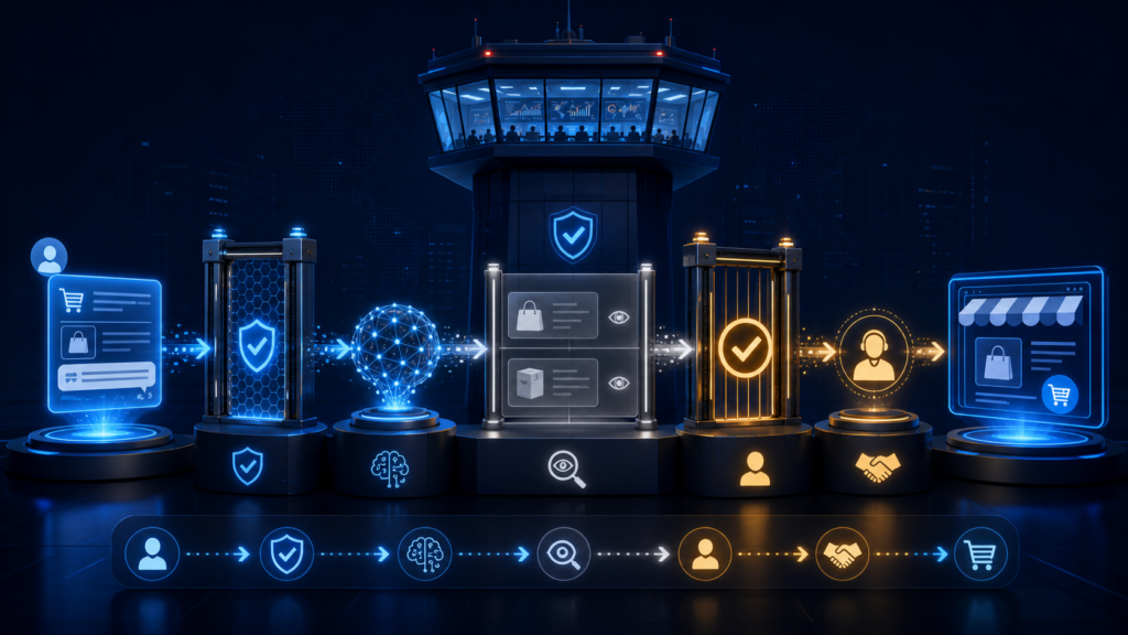 Ecommerce AI safety framework showing guardrails, shadow mode testing, admin approval, and human review before live automation.