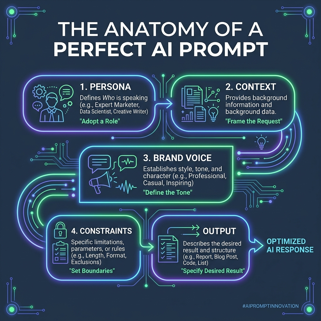 Infographic showing the anatomy of a perfect ChatGPT prompt for e-commerce product descriptions