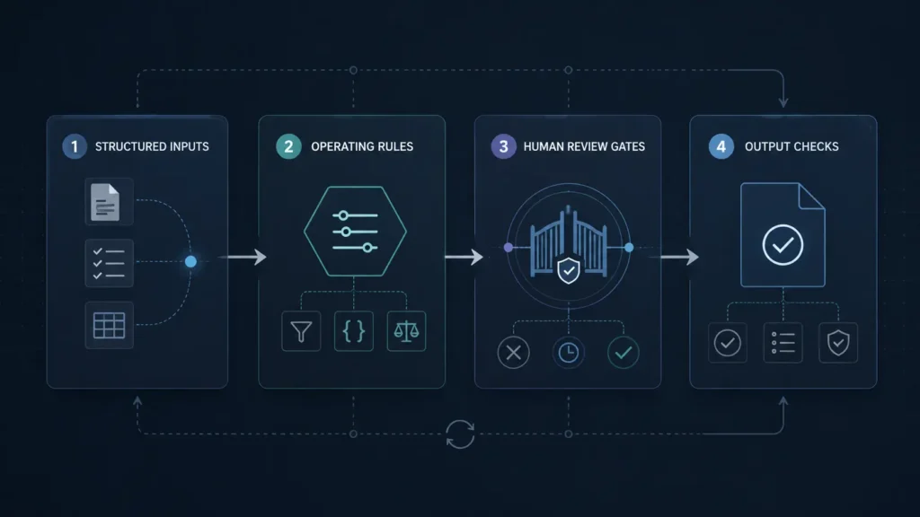 Controlled AI workflow framework showing inputs, rules, review gates, and output checks.