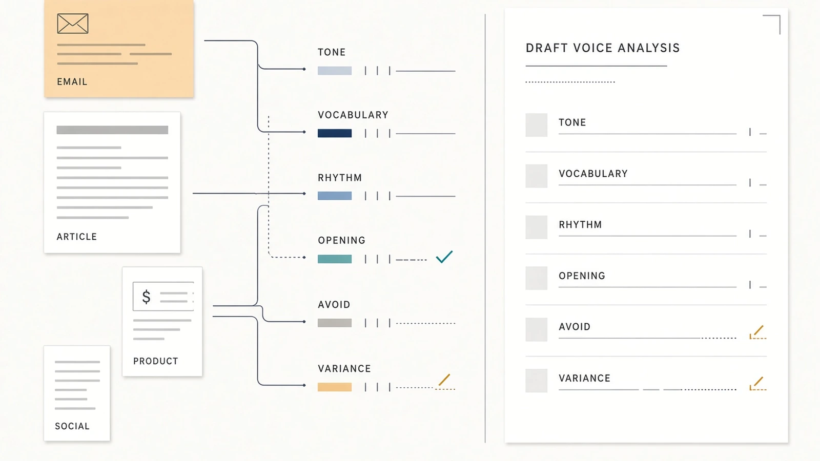 Writing samples being analyzed into a draft set of observable brand voice rules.