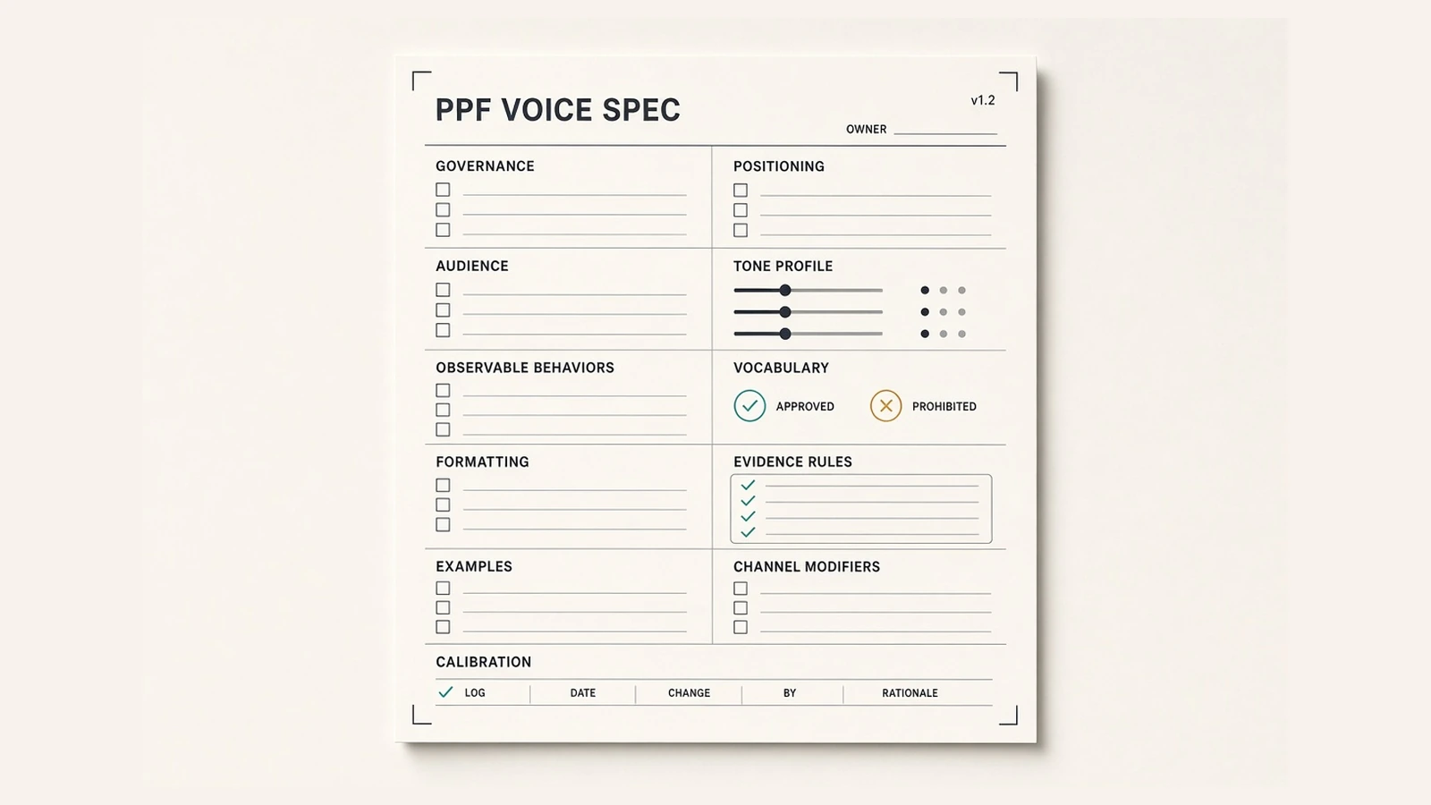 PPF Voice Spec organized into governance, tone profile, writing rules, vocabulary, evidence rules, and calibration fields.
